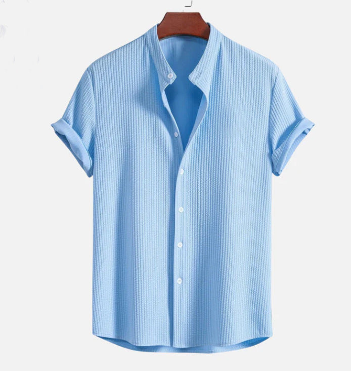Men's Grandad Collar Textured Shirt | Short Sleeve