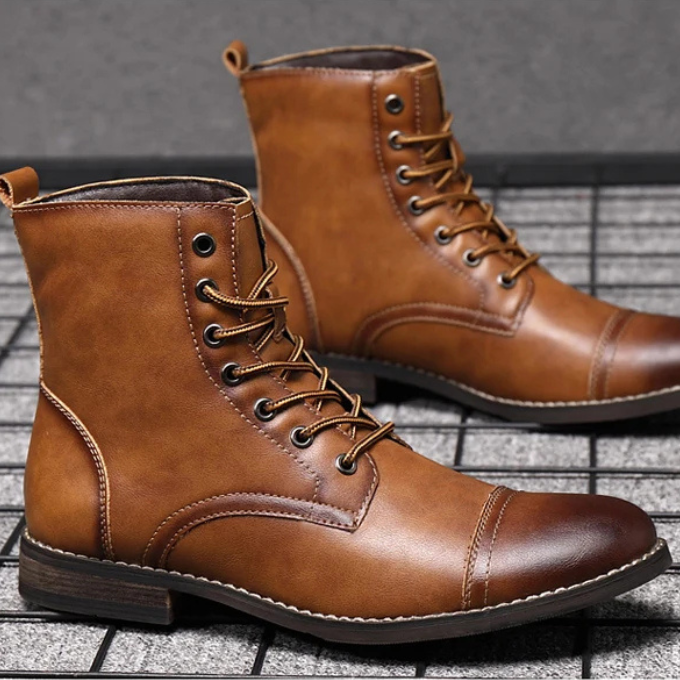 Men's Lace-Up Cap-Toe Boots | Sturdy Stacked Heel Sole
