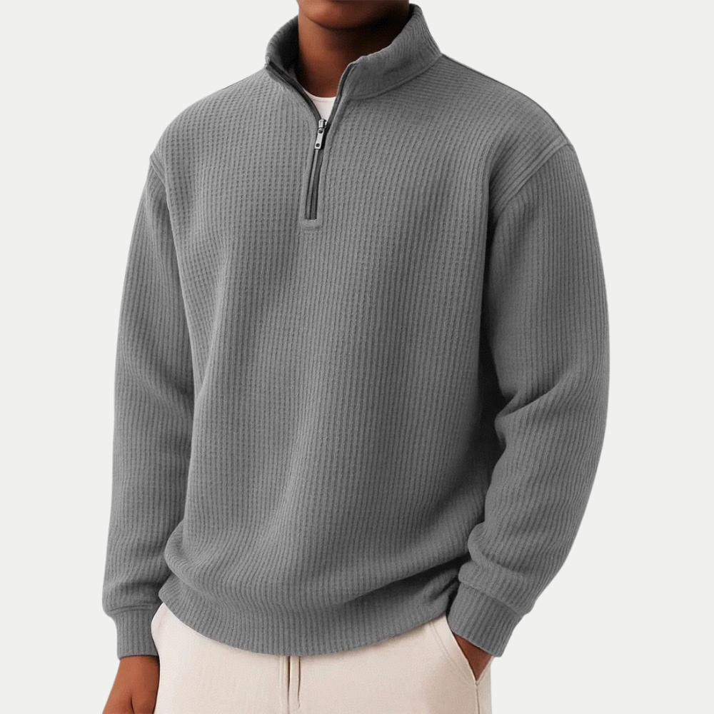 Men's Waffle Quarter Zip Sweatshirt Jumper | Funnel Neck