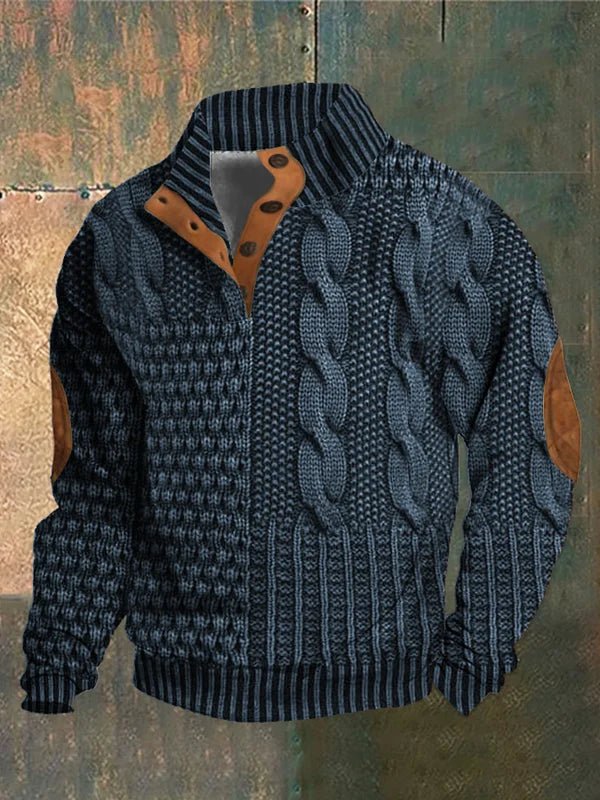 Men's Cable-Knit Button-Neck Jumper | elbow-patch detailing