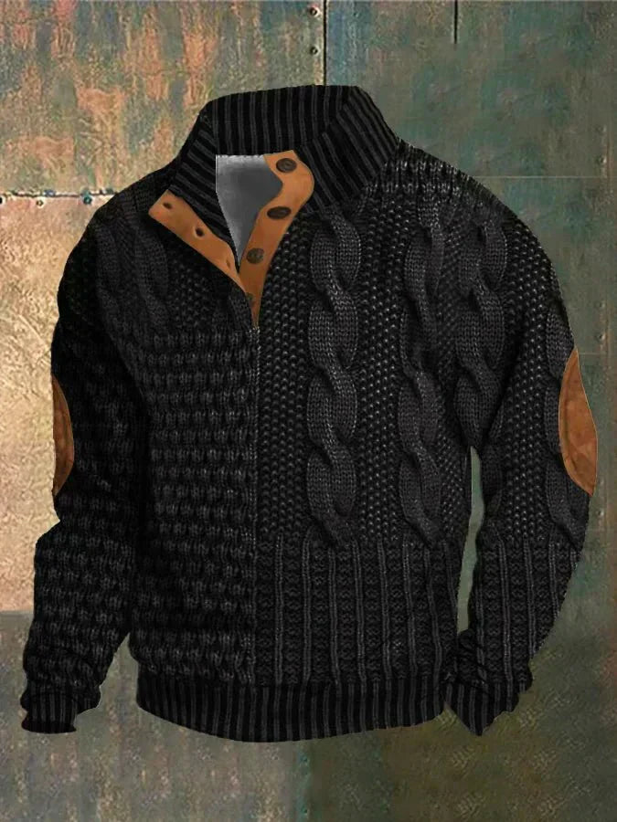 Men's Cable-Knit Button-Neck Jumper | elbow-patch detailing