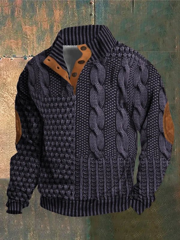 Men's Cable-Knit Button-Neck Jumper | elbow-patch detailing