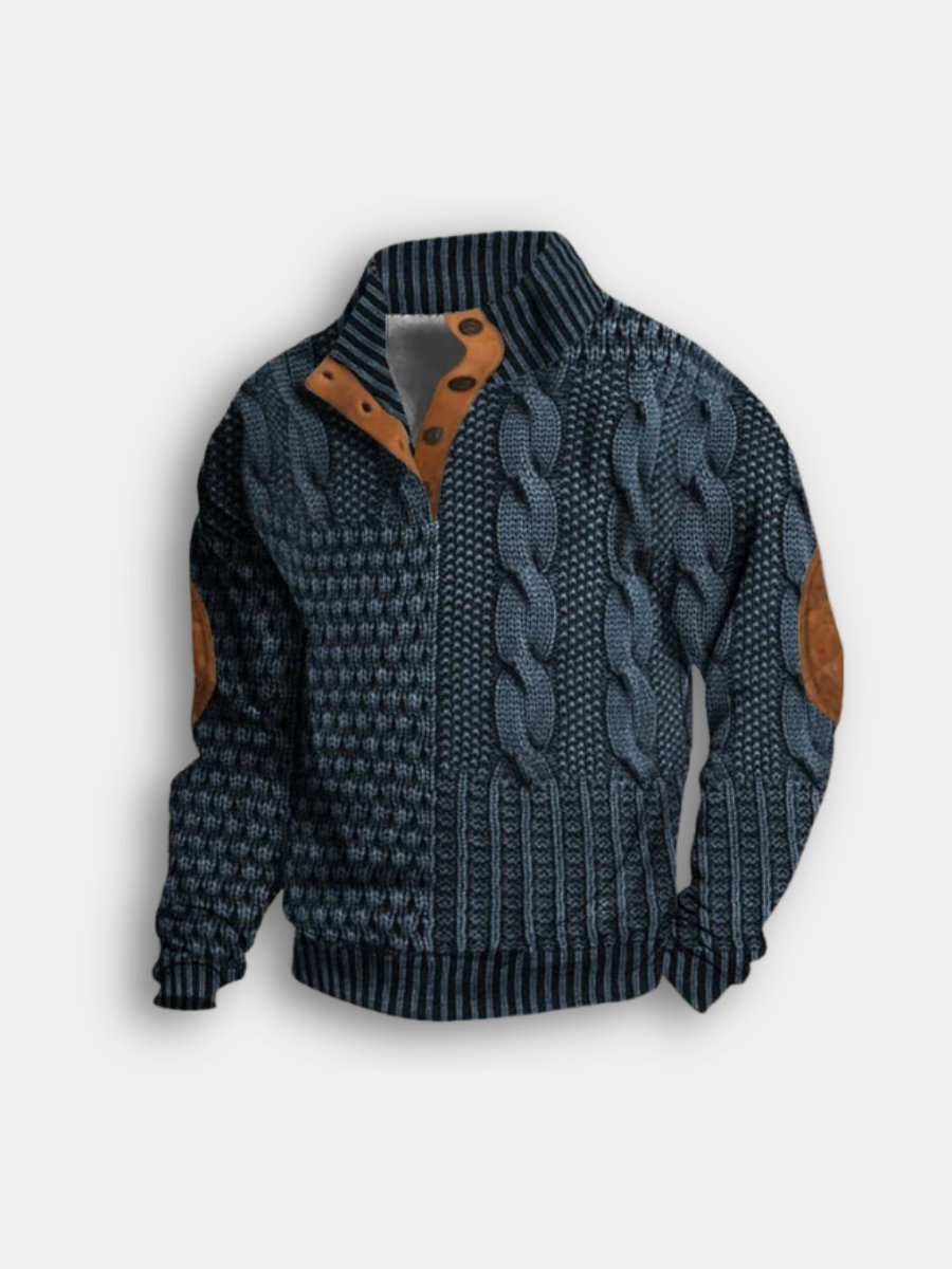 Men's Cable-Knit Button-Neck Jumper | elbow-patch detailing