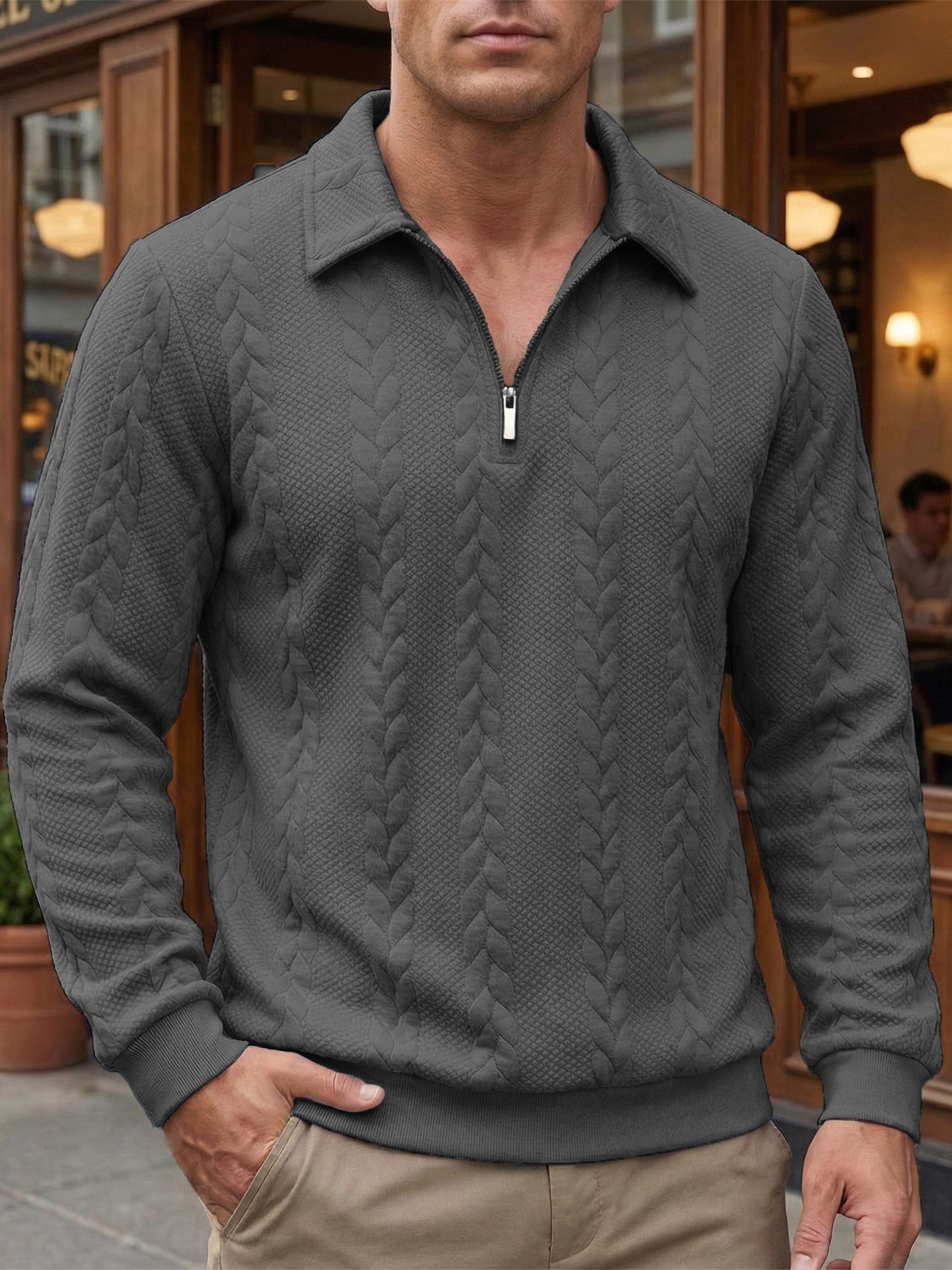 Men's Cable Knit Polo Jumper | Quarter Zip