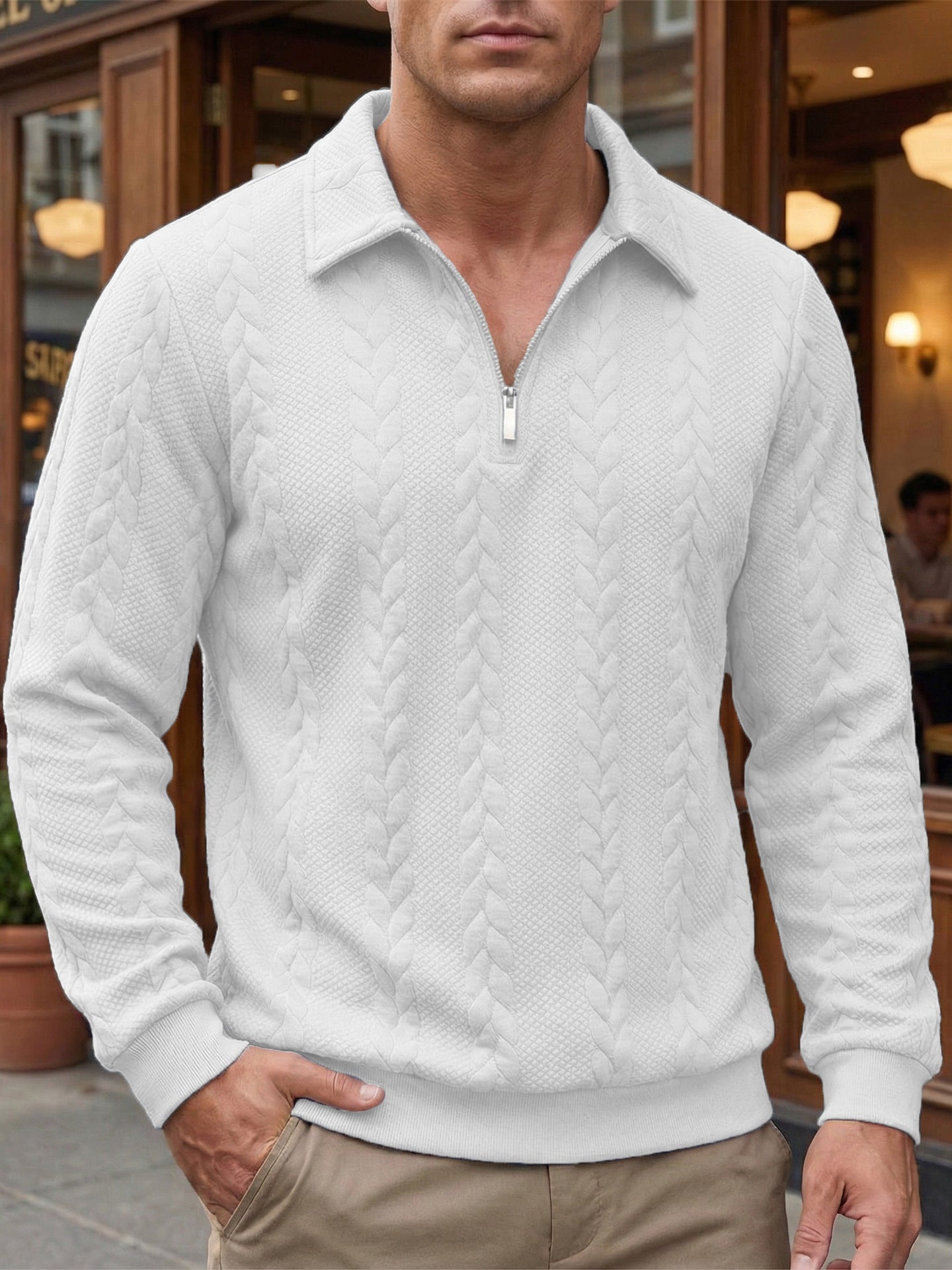 Men's Cable Knit Polo Jumper | Quarter Zip
