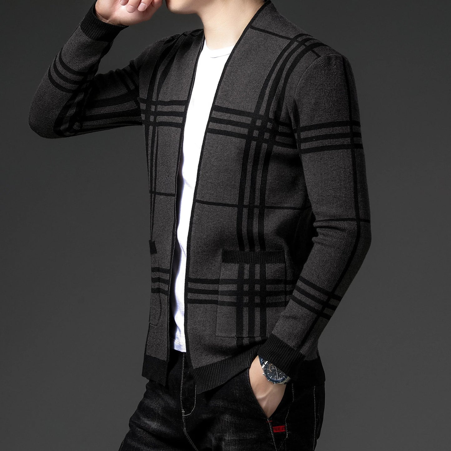 Men's Checked Cardigan | Open Front