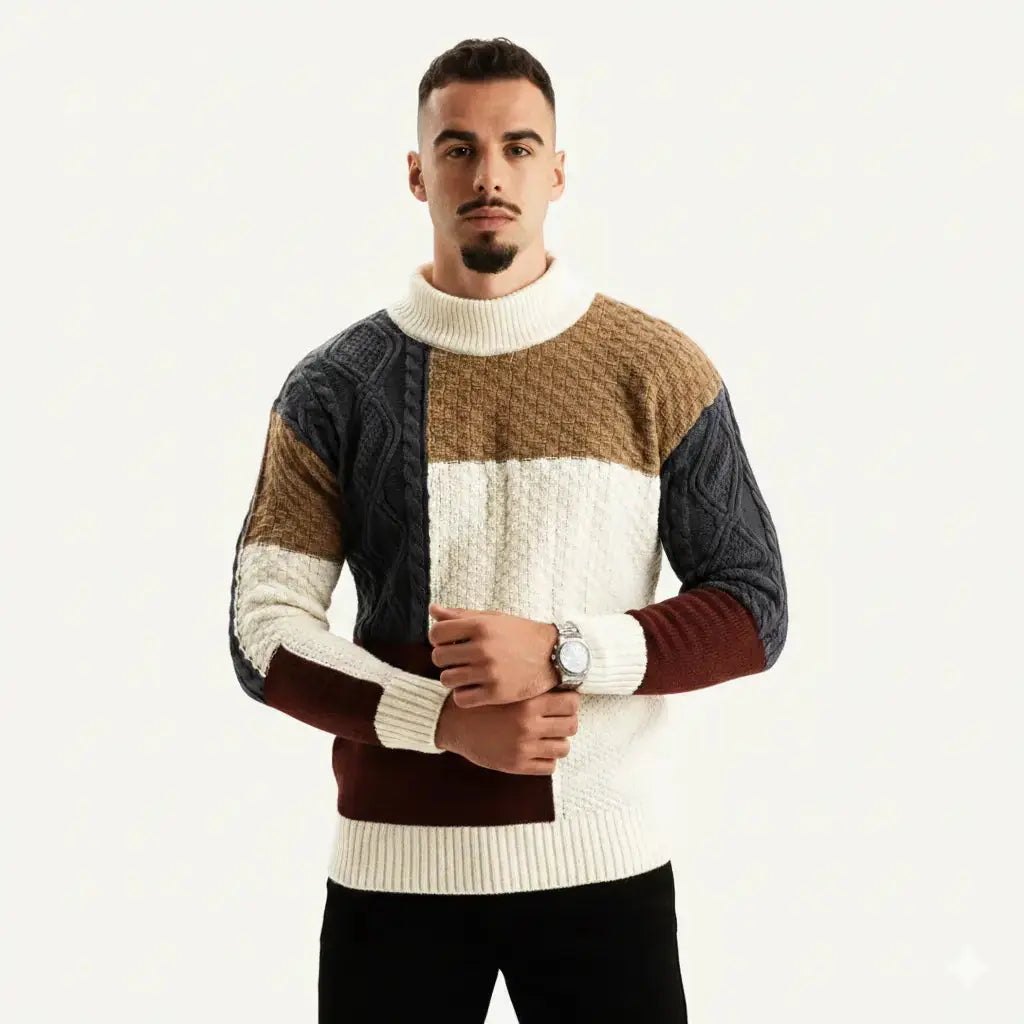 Men's Colour Block Cable Knit Jumper | Crew Neck