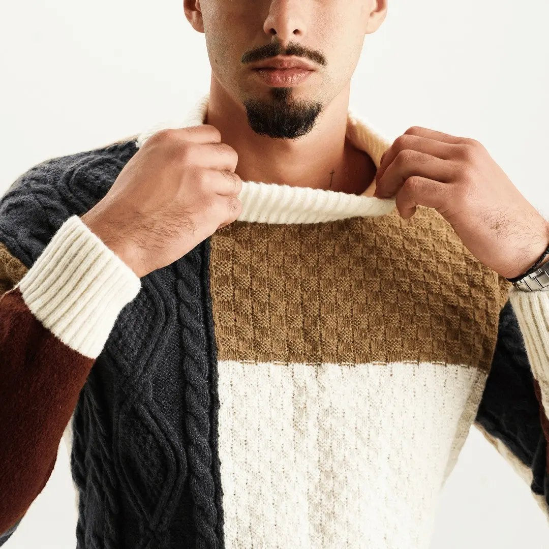Men's Colour Block Cable Knit Jumper | Crew Neck