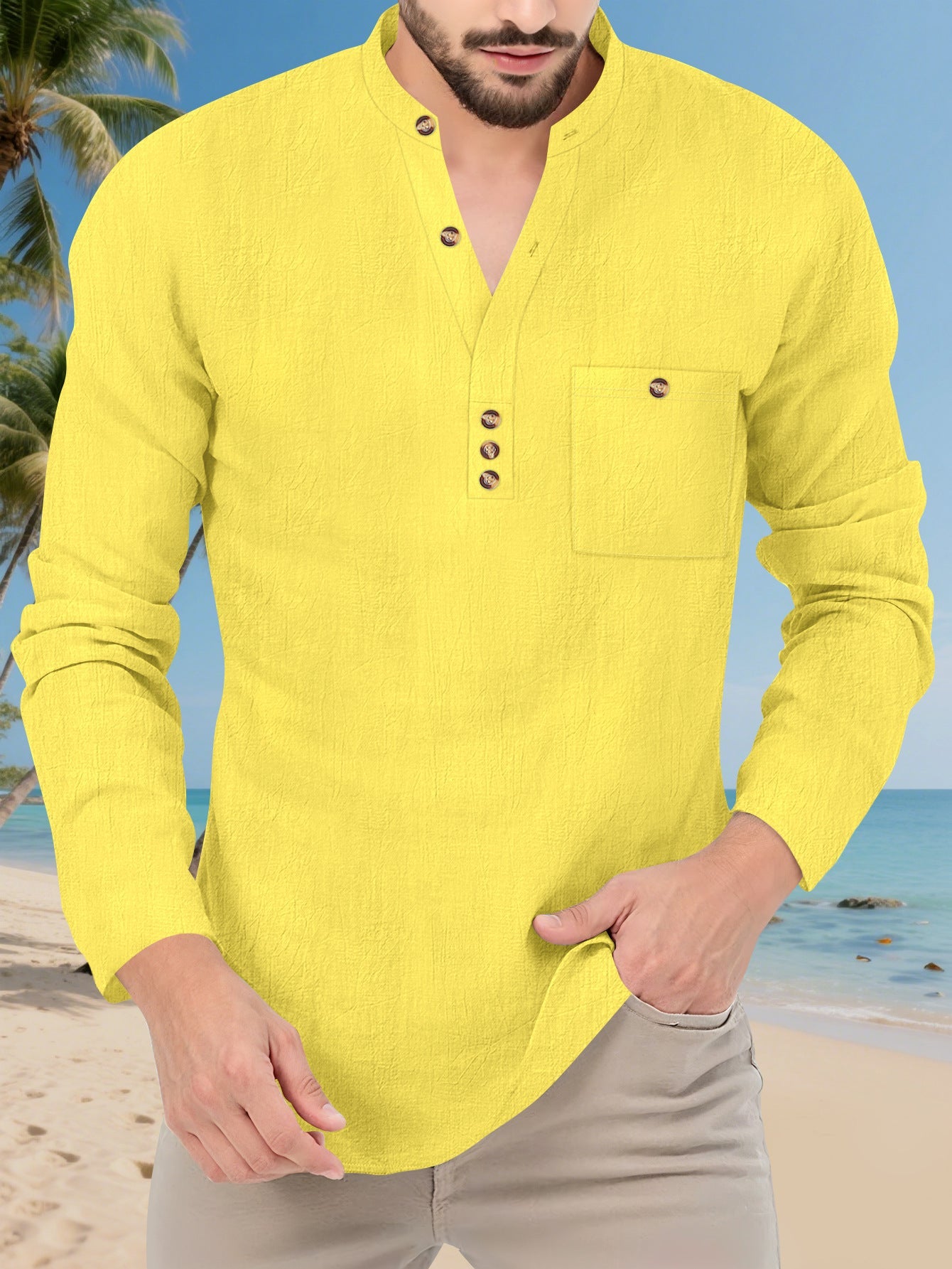 Men's Grandad Collar Henley Shirt | Summer