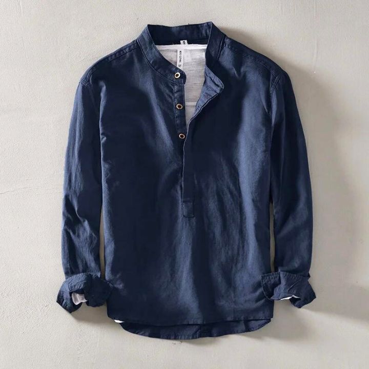 Men's Grandad Collar Popover Shirt | Long Sleeve