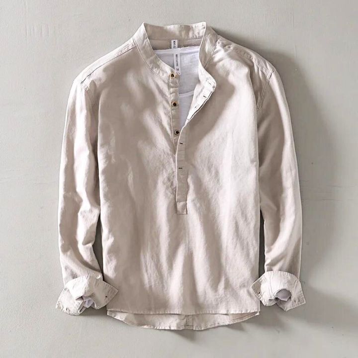 Men's Grandad Collar Popover Shirt | Long Sleeve