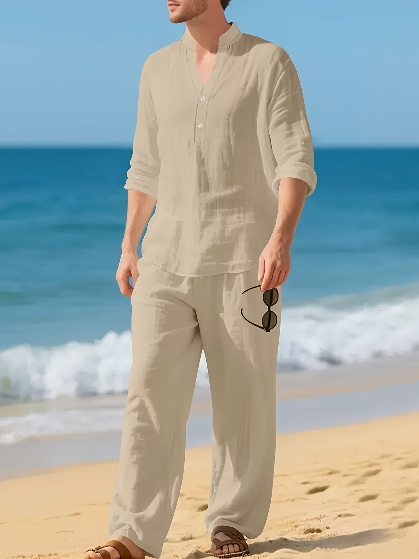 Men's Long Sleeve Grandad Collar Shirt | Beach