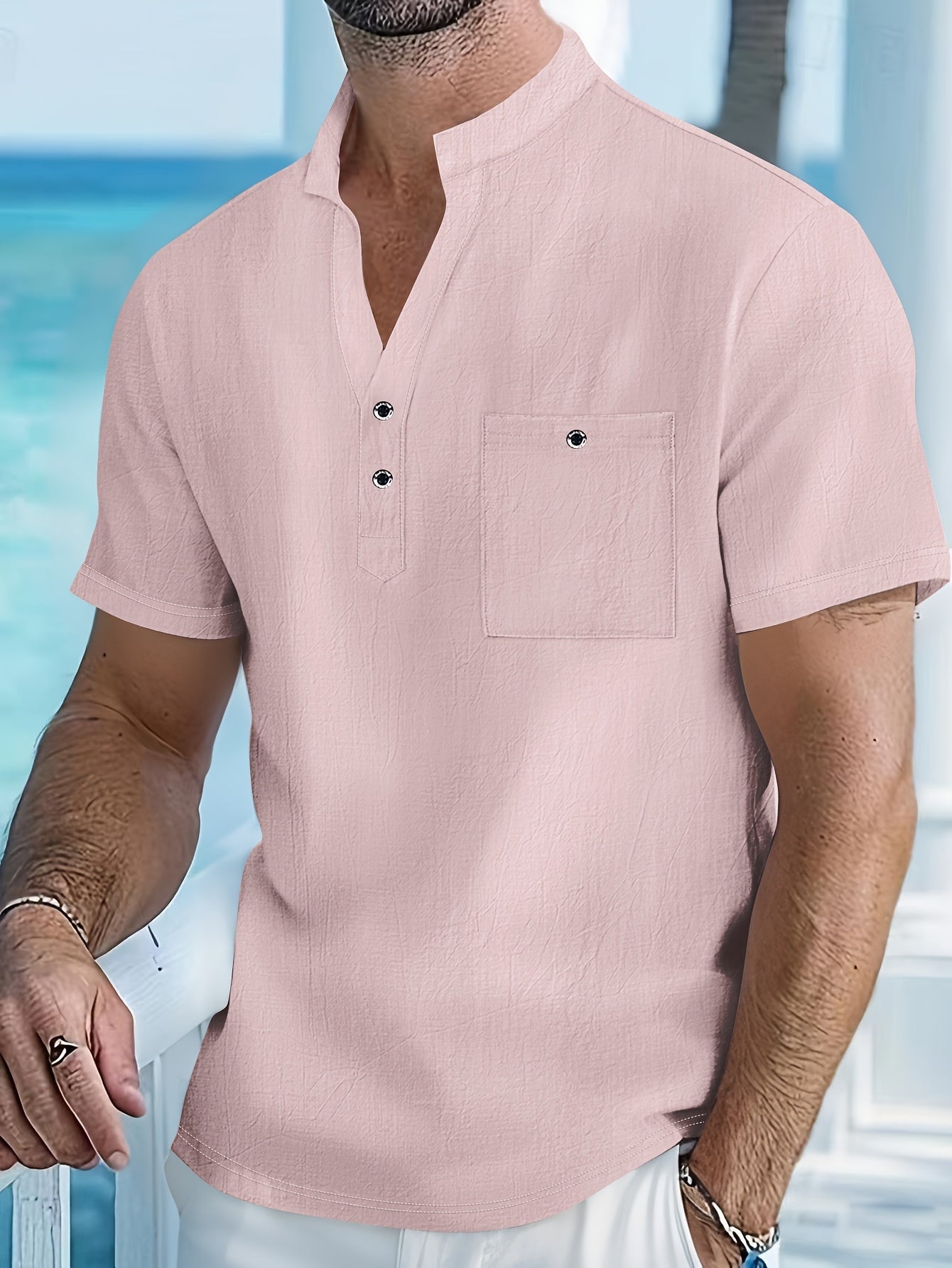 Men's Grandad Collar Henley Shirt | Short Sleeve