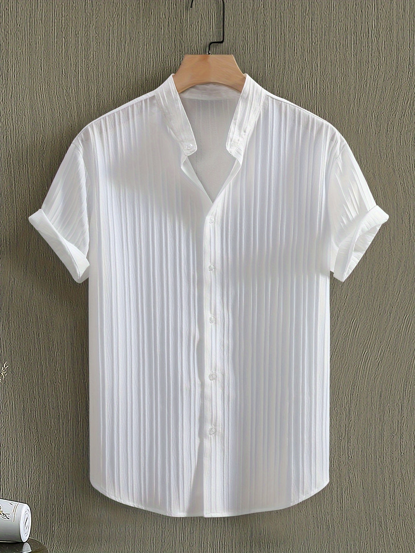 Men's Grandad Collar Textured Shirt | Short Sleeve