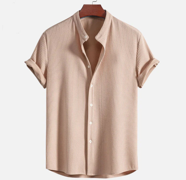 Men's Grandad Collar Textured Shirt | Short Sleeve
