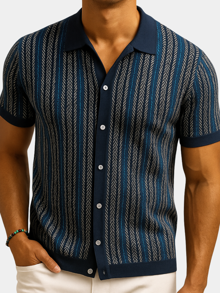 Men's Striped Camp Collar Shirt | Short Sleeve