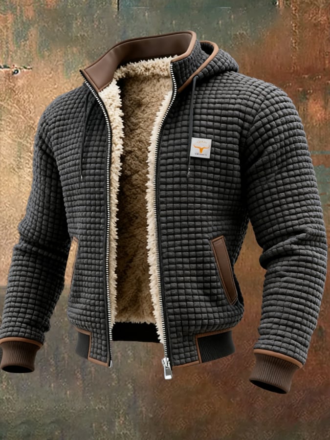 Men's Hooded Textured Zip-Up Jacket | Sherpa