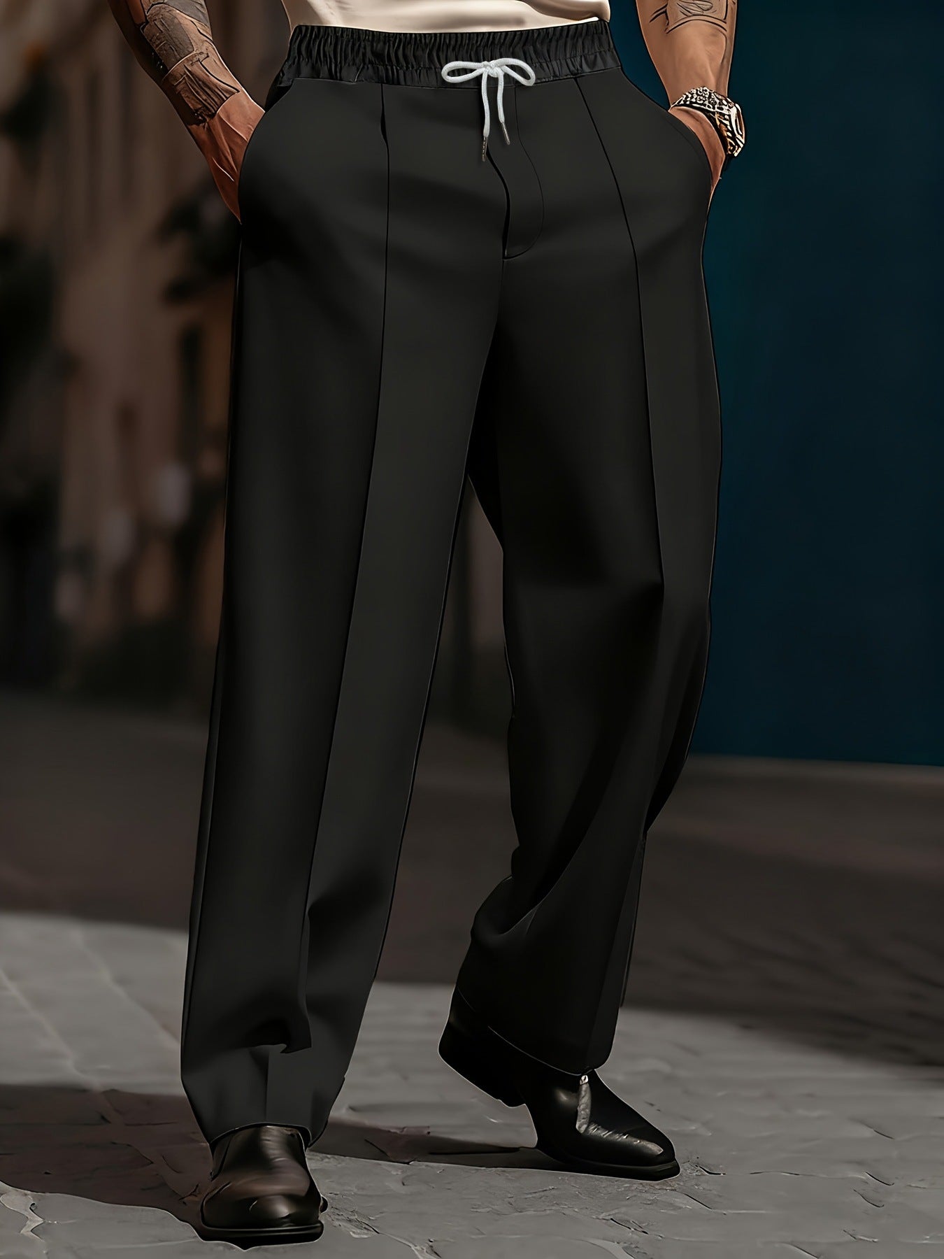 Men's Pleated Wide Leg Trousers | Drawstring Waist