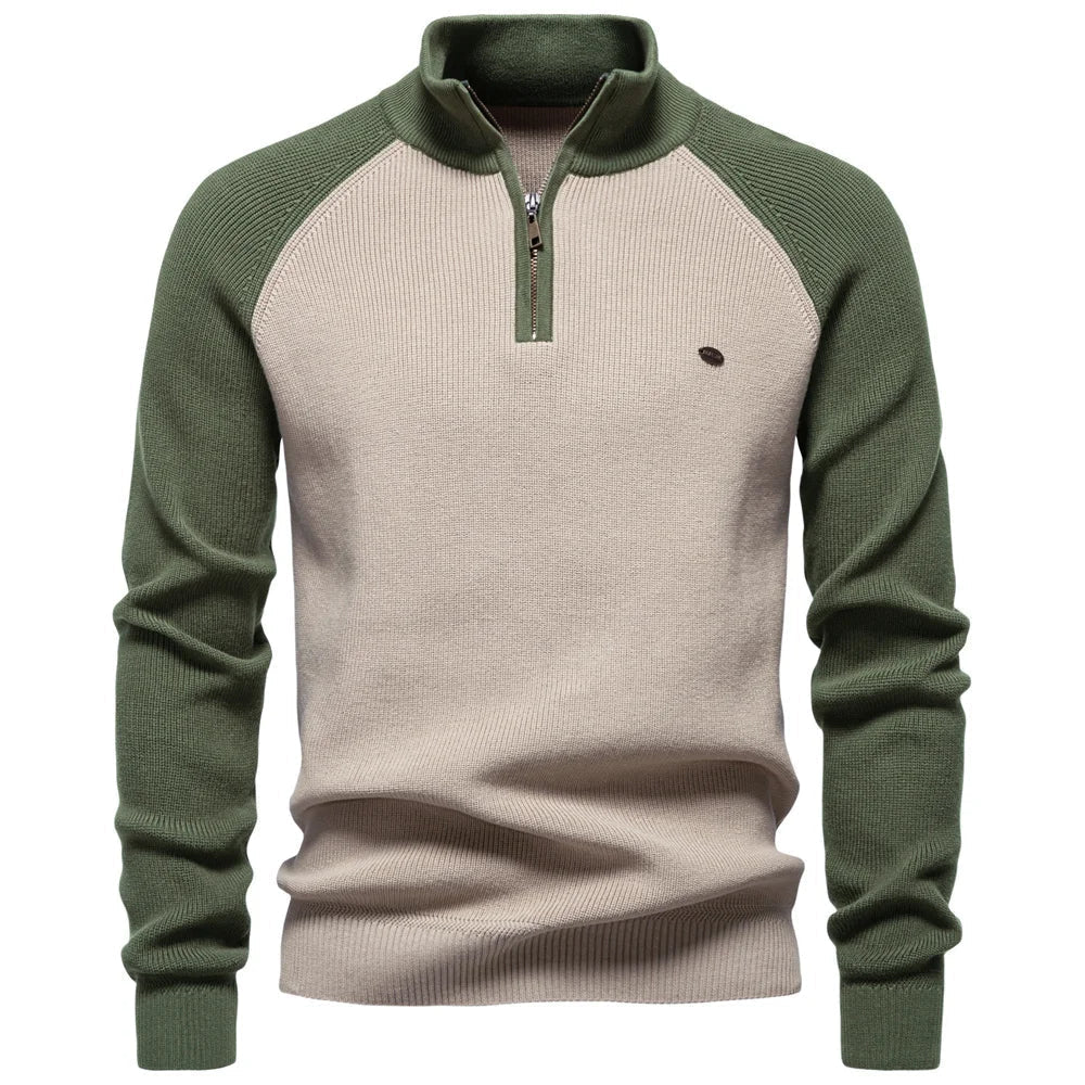 Men's Quarter-Zip Ribbed Jumper | Contrast Raglan Sleeves