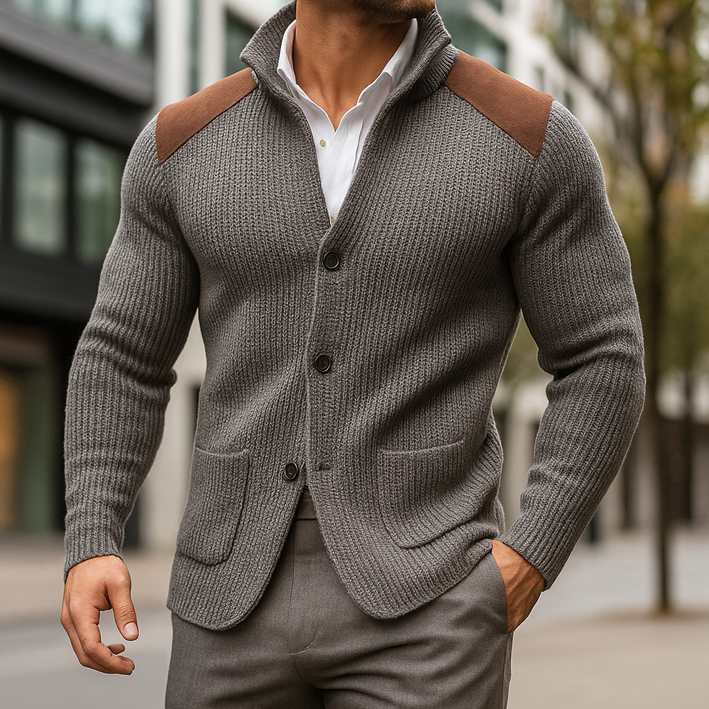 Men's Ribbed Knit Cardigan | Funnel Neck