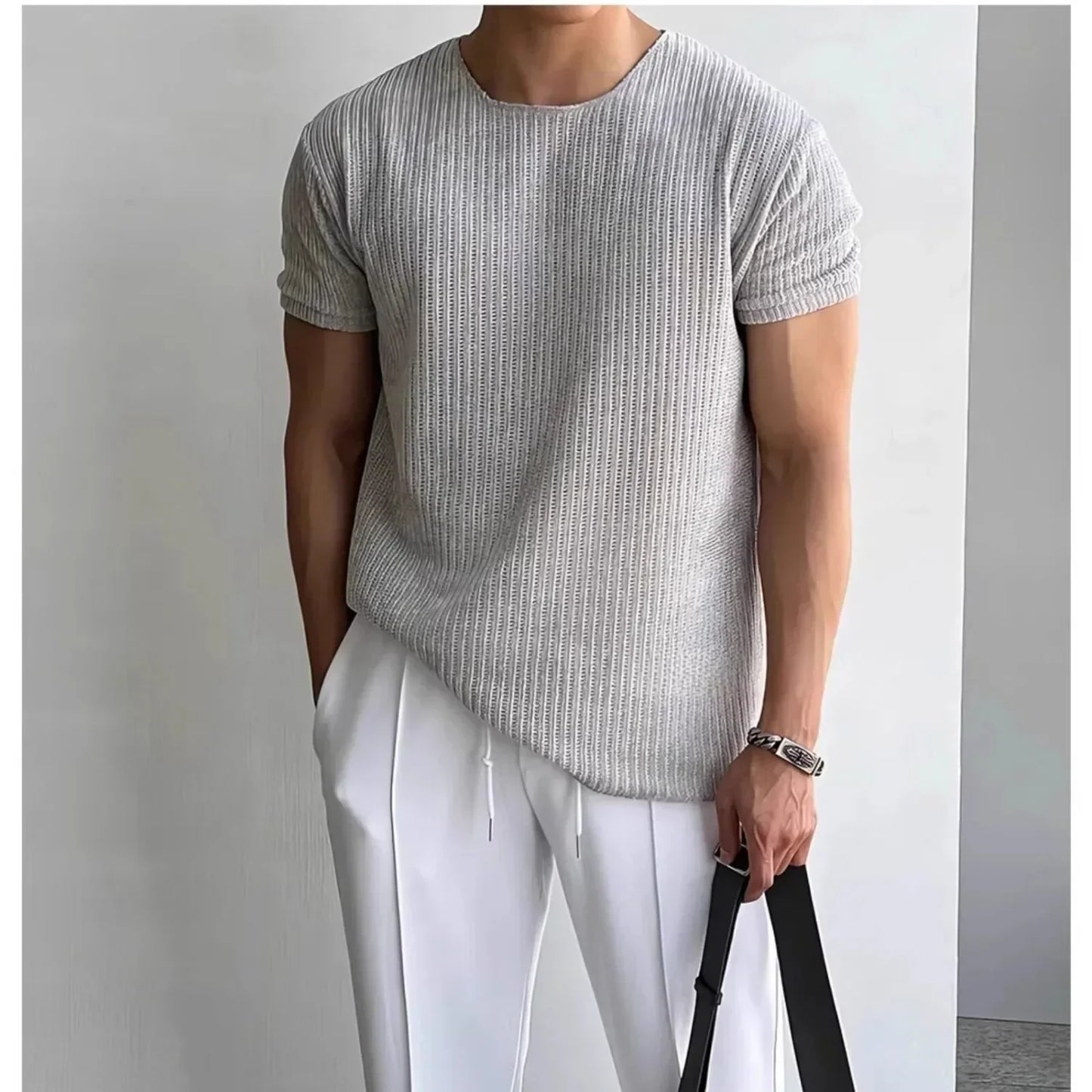 Men's Ribbed Crew Neck T- T-Shirt | Short Sleeve
