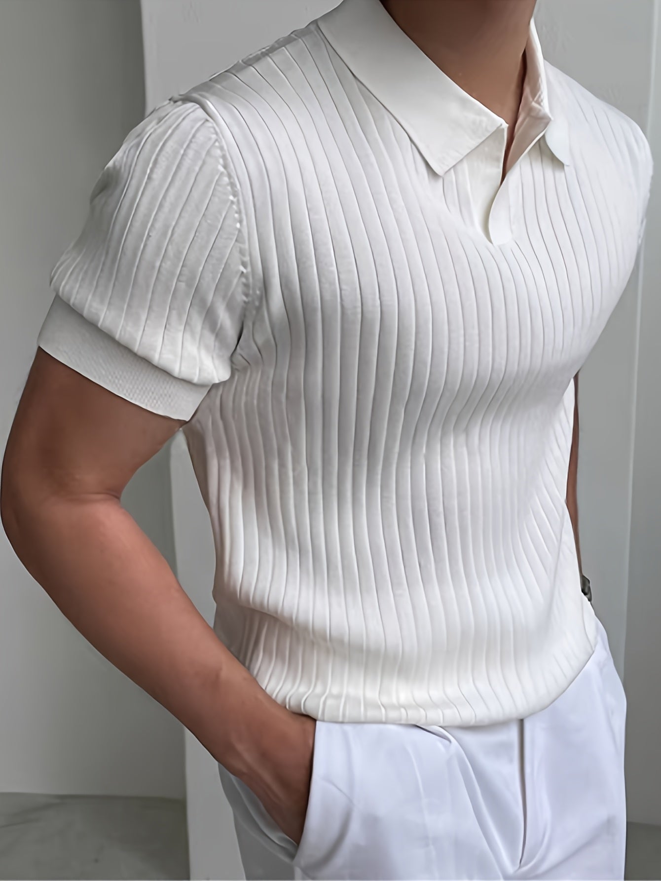 Men's Ribbed Knit Polo Shirt | Buttonless Johnny Collar
