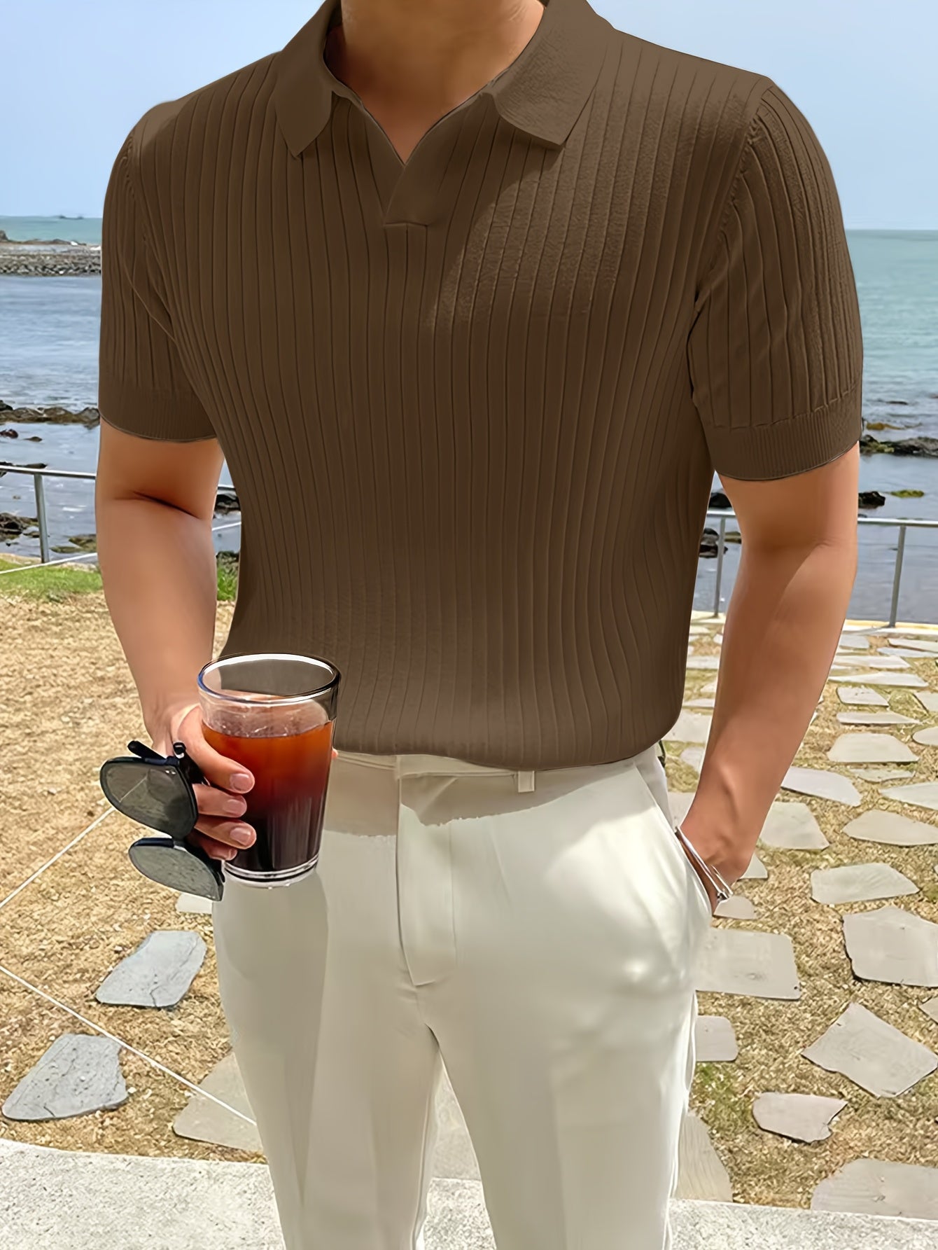 Men's Ribbed Knit Polo Shirt | Buttonless Johnny Collar