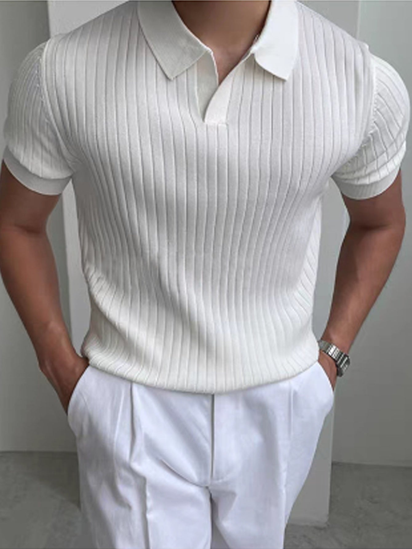 Men's Ribbed Knit Polo Shirt | Buttonless Johnny Collar