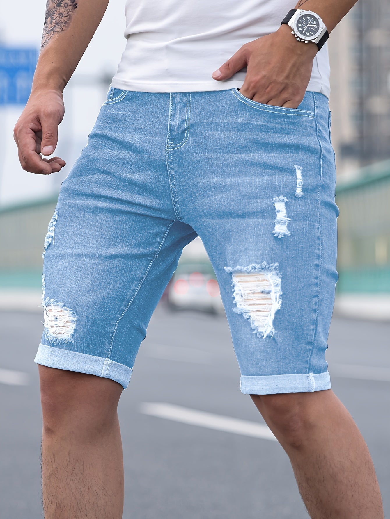 Men's Ripped Denim Shorts | Slim Fit