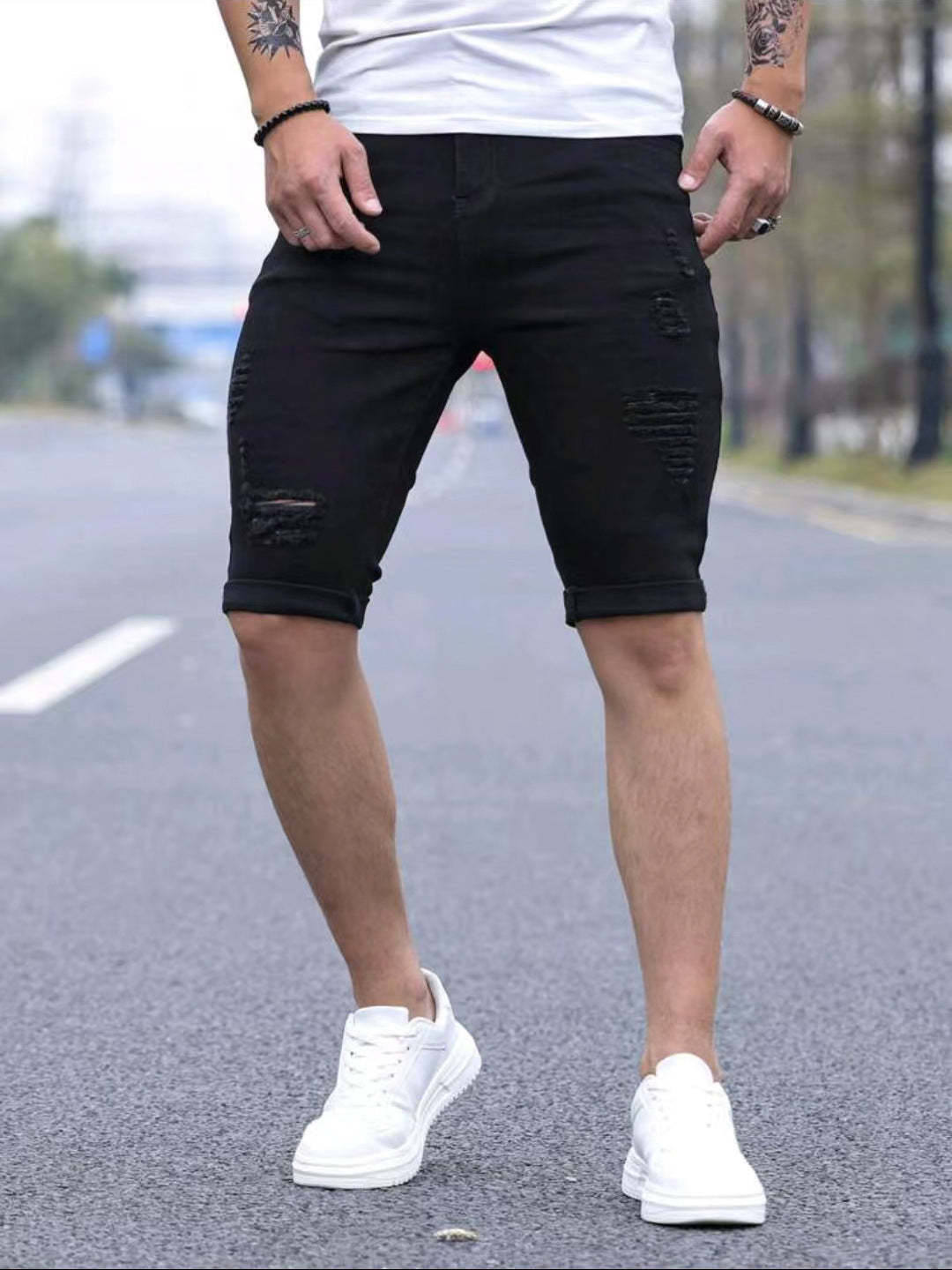 Men's Ripped Denim Shorts | Slim Fit