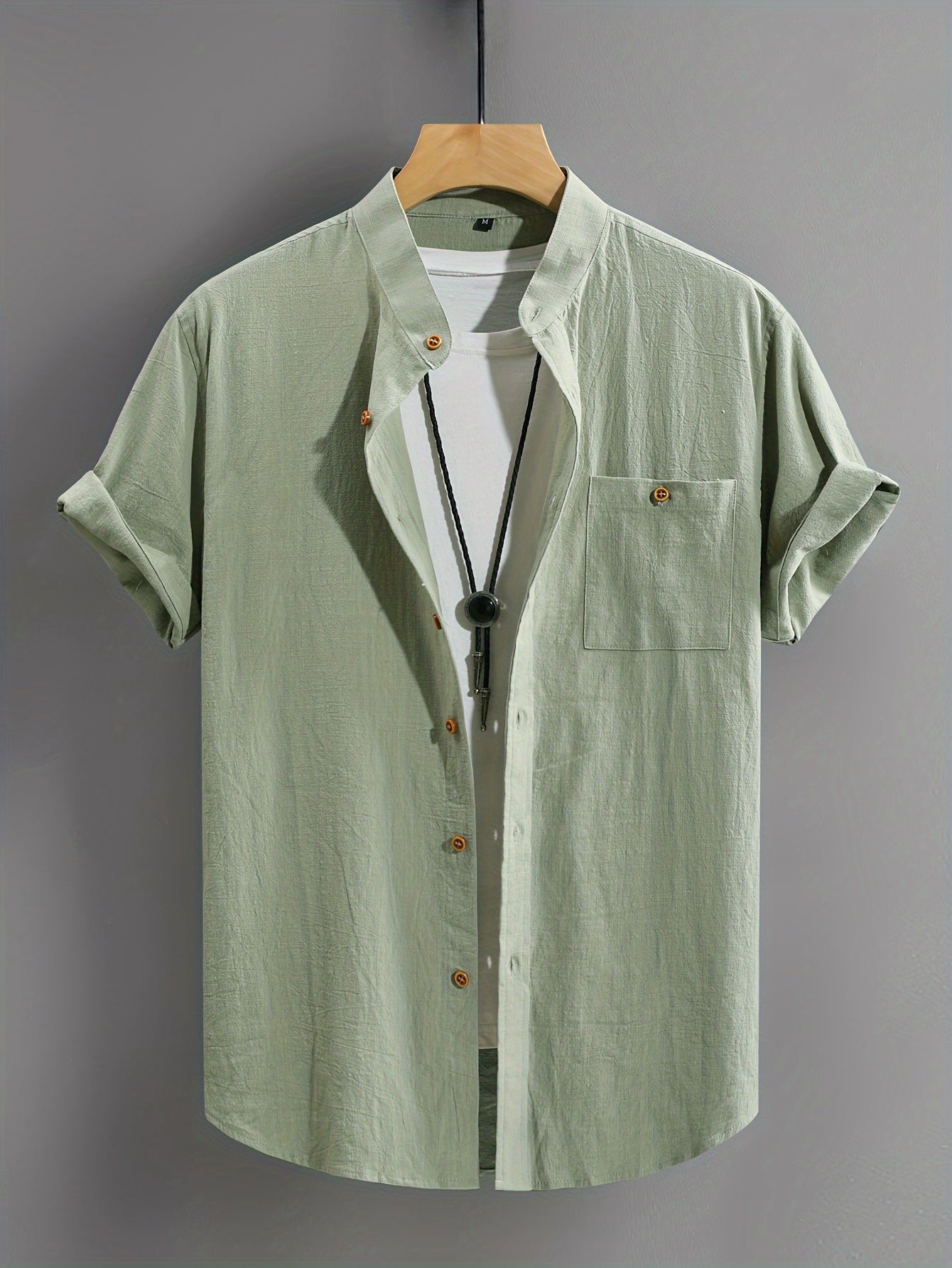 Men's Short Sleeve Grandad Collar Shirt | Chest Pocket