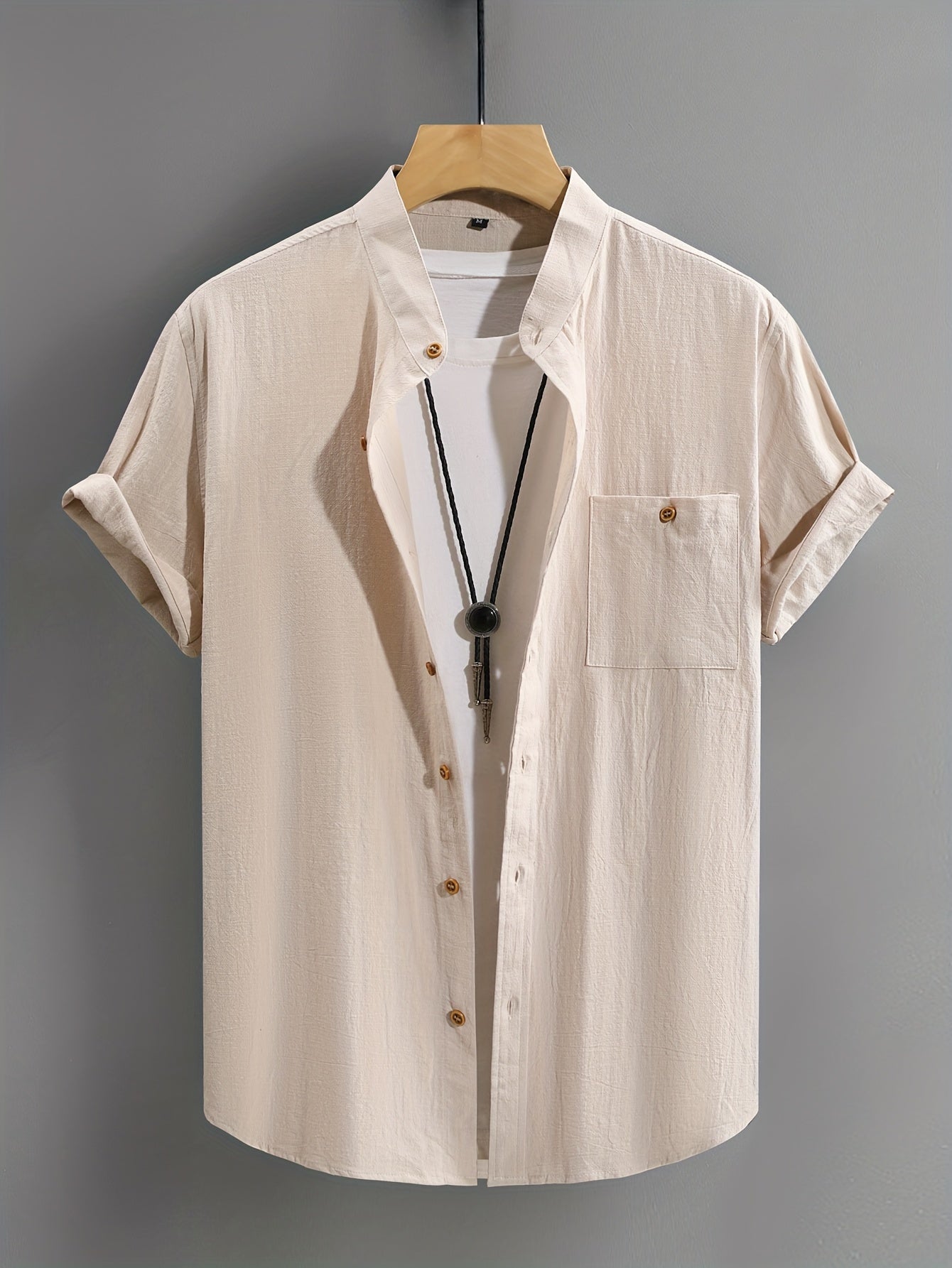 Men's Short Sleeve Grandad Collar Shirt | Chest Pocket
