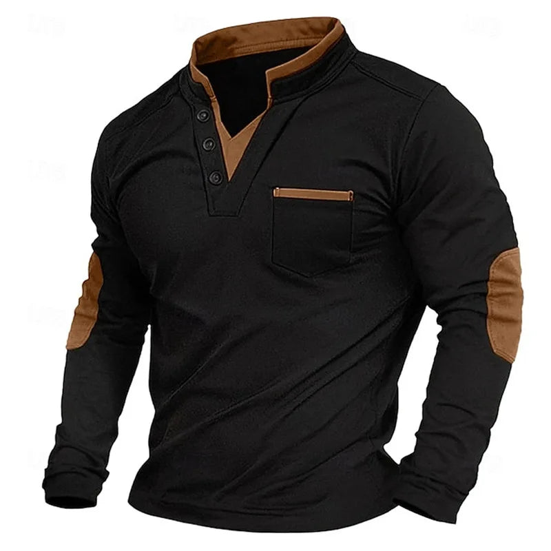 Men's Stand Collar Henley Polo Shirt | Long Sleeve