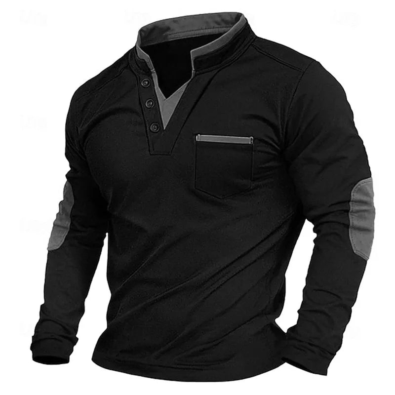 Men's Stand Collar Henley Polo Shirt | Long Sleeve