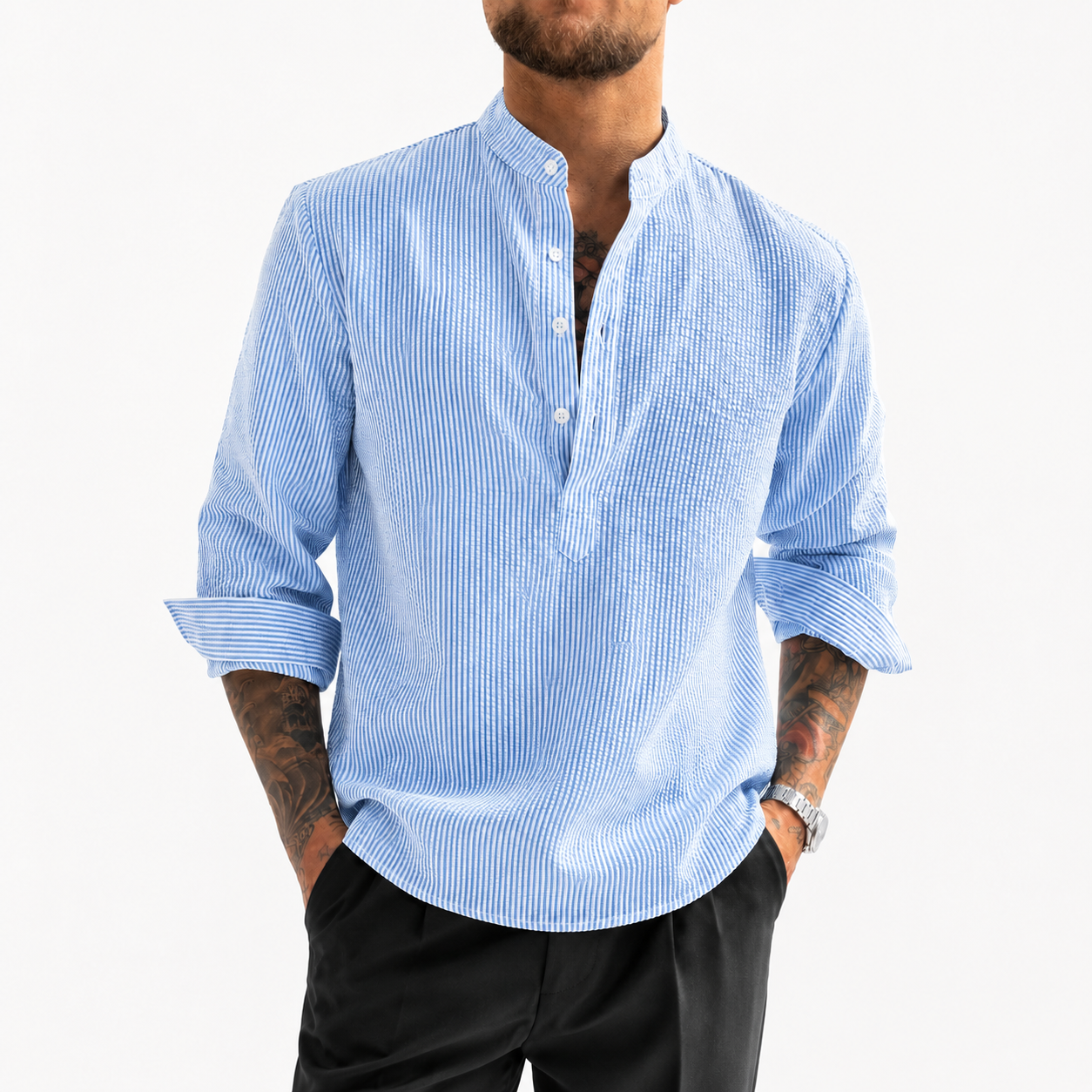 Men's Striped Grandad Collar Shirt | Long Sleeve