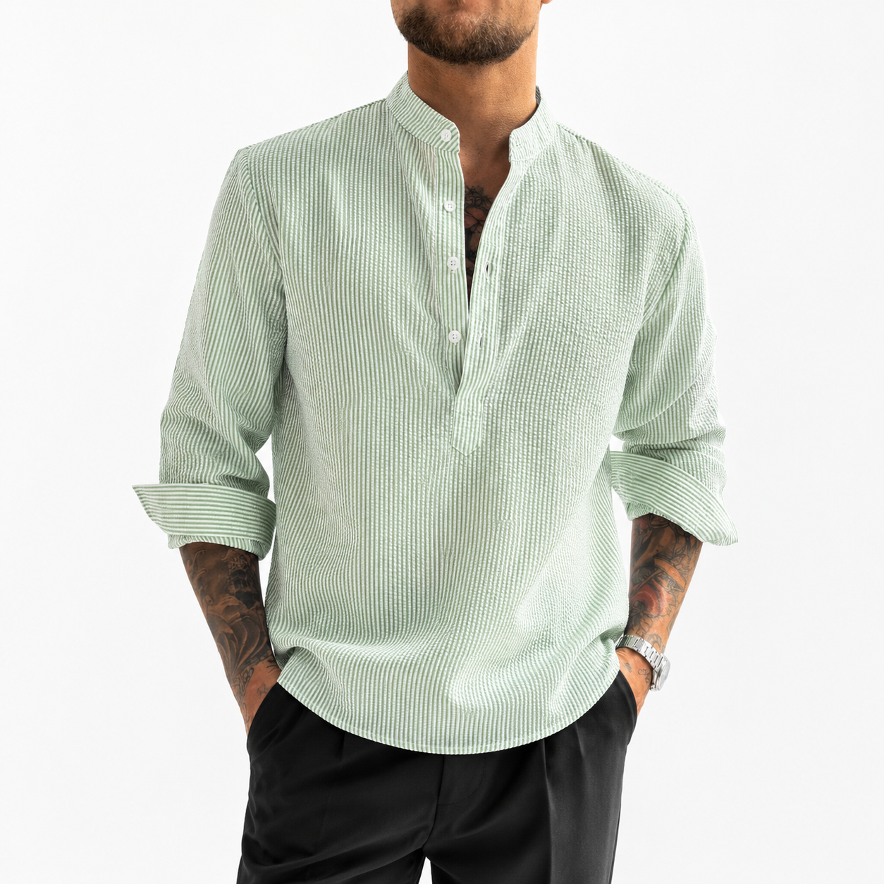 Men's Striped Grandad Collar Shirt | Long Sleeve