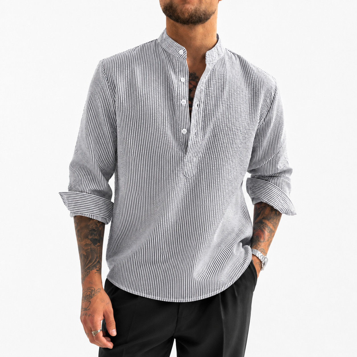 Men's Striped Grandad Collar Shirt | Long Sleeve