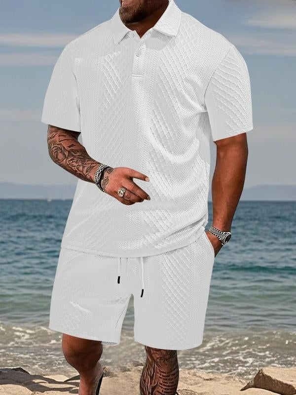 Men's Textured Polo Shorts Set | Short Sleeve