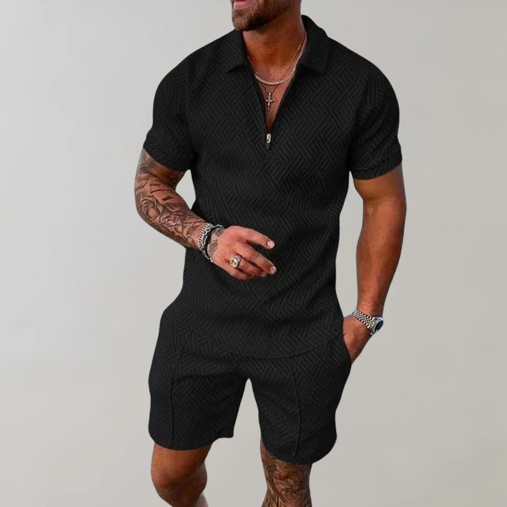 Men's Textured Zip Polo Set | Short Sleeve