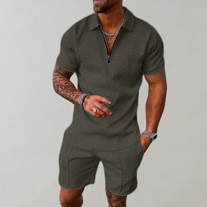 Men's Textured Zip Polo Set | Short Sleeve